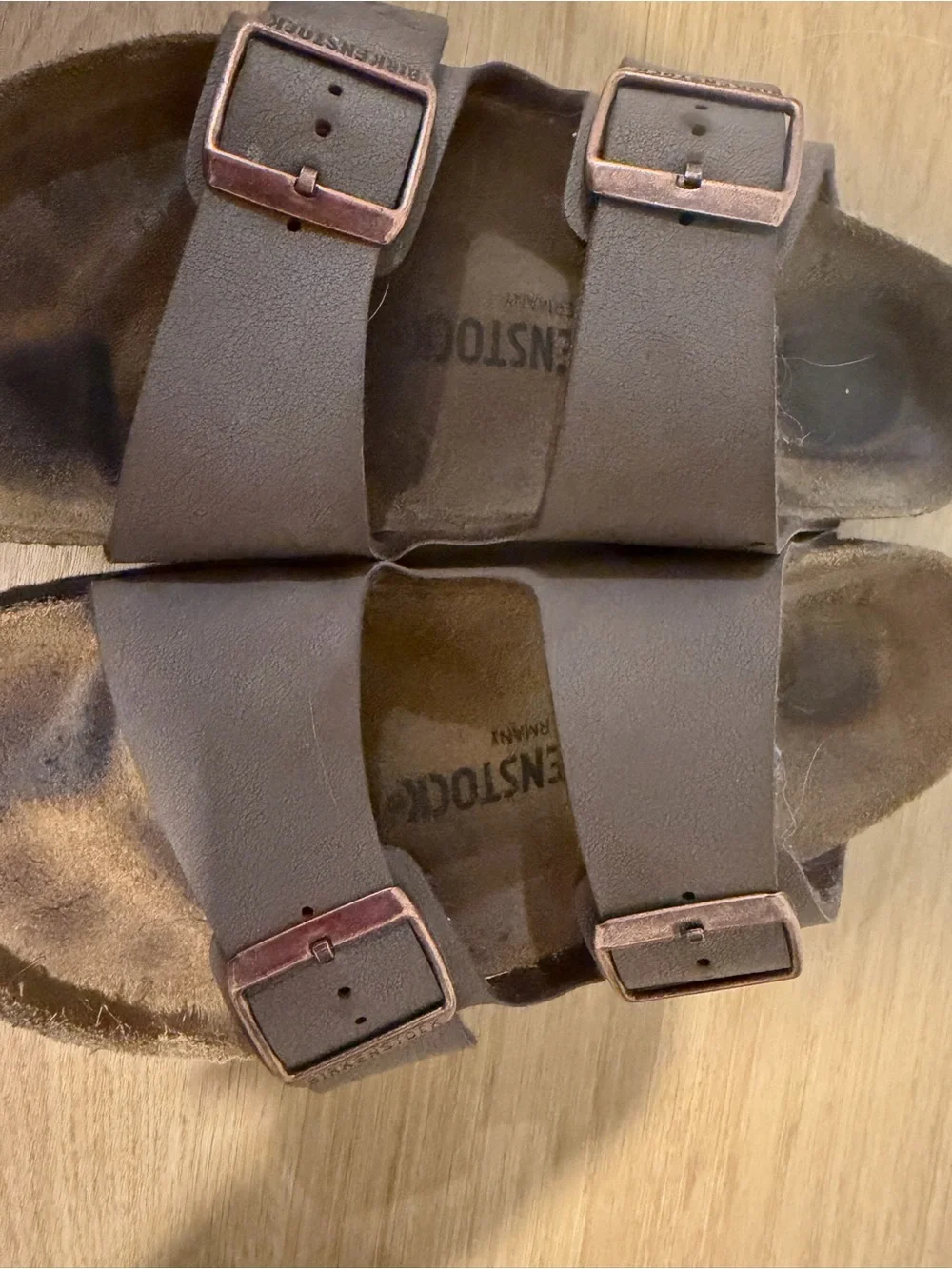 Birkenstock Arizona Double Strap Sandals in Brown Taupe with Copper Buckles